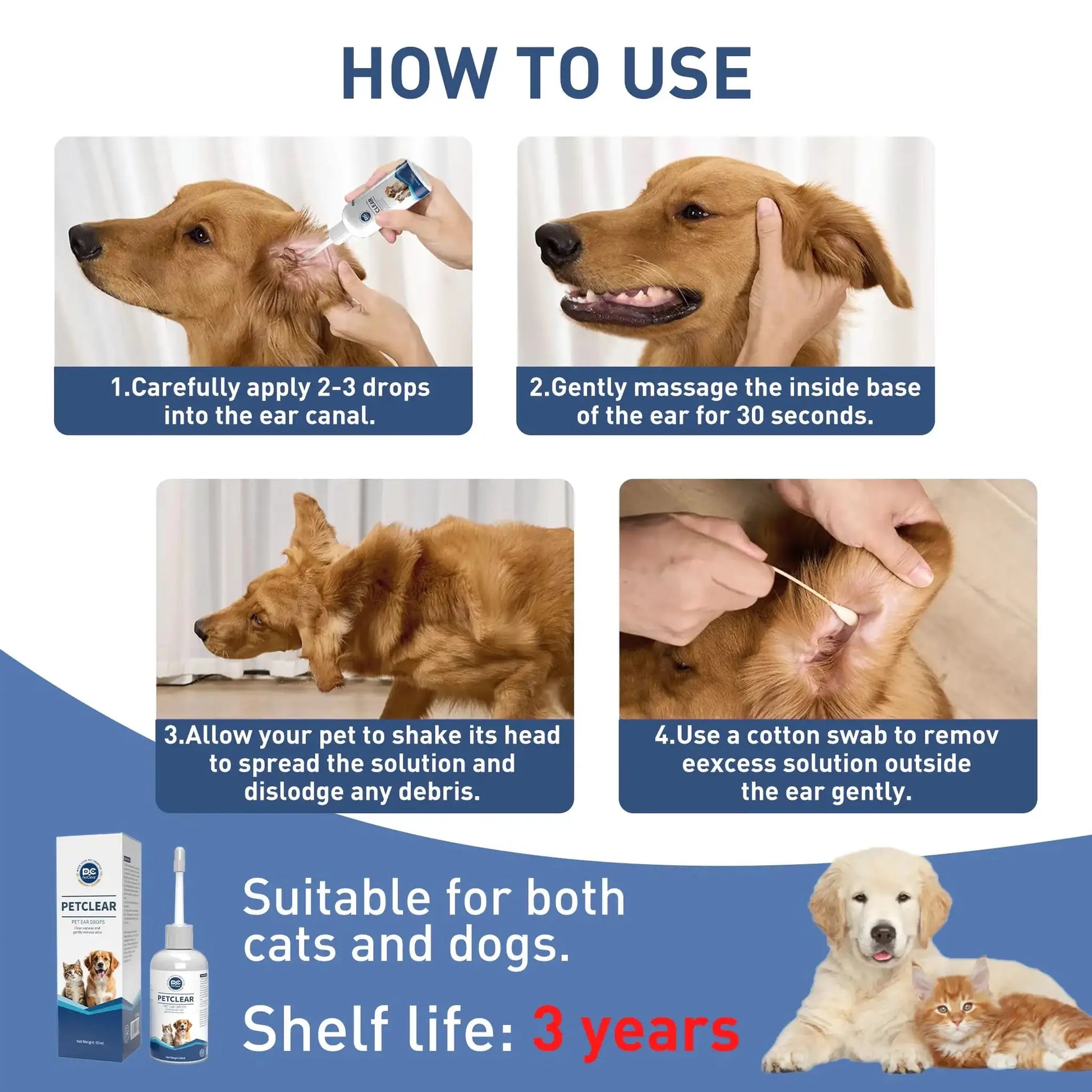 PetClear 60ml ear drops for dogs and cats; step-by-step how-to with bottle, box, and happy pets.