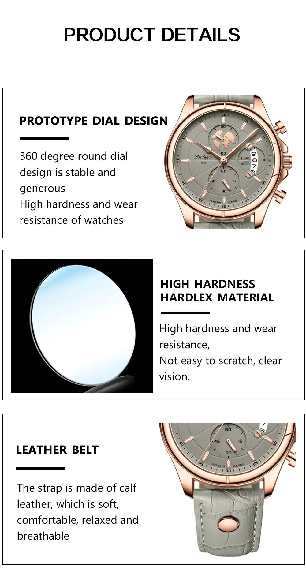 POEDAGAR men's sports chronograph watch with rose-gold case, gray dial, date window, and gray leather strap