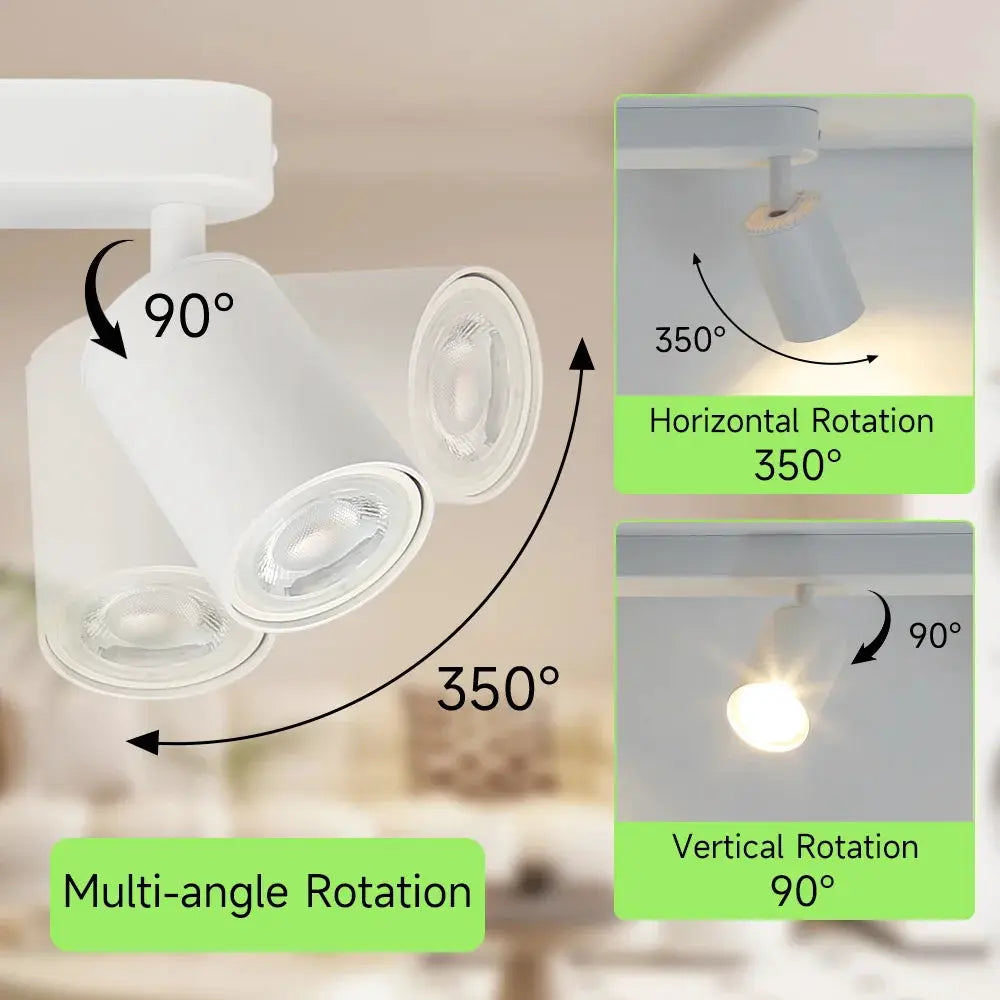 Simples Market GU10 LED spotlight ceiling light with 3 adjustable heads and 350° horizontal, 90° vertical rotation.