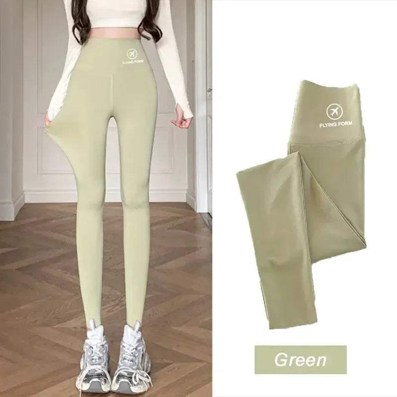 Leggings green high-waisted yoga by Simples Market with Flying Form logo; two-view shot