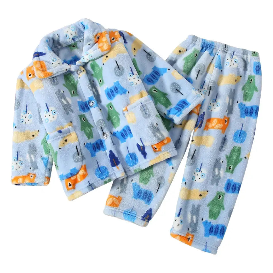 Cute Cartoon Pattern Coral Fleece Flannel Pajama Sets For Boys And Girls Long Sleeve Warm Comfortable Winter Sleepwear