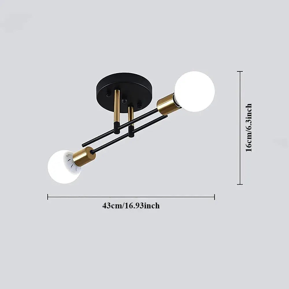 Vintage E27 ceiling light fixture by Simples Market with dual black-and-gold arms and white bulbs.