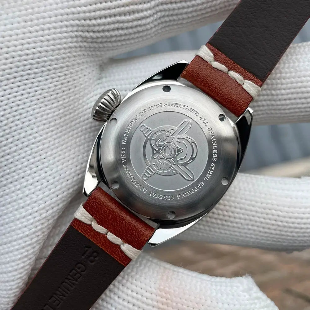 STEELFLIER SF745 wristwatch, unisex 36mm, quartz, stainless steel case back, brown leather strap, 200m water resistant