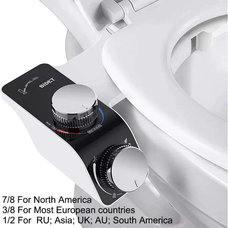 Bidet toilet seat attachment with dual knobs, chrome finish, non-electric self-cleaning spray