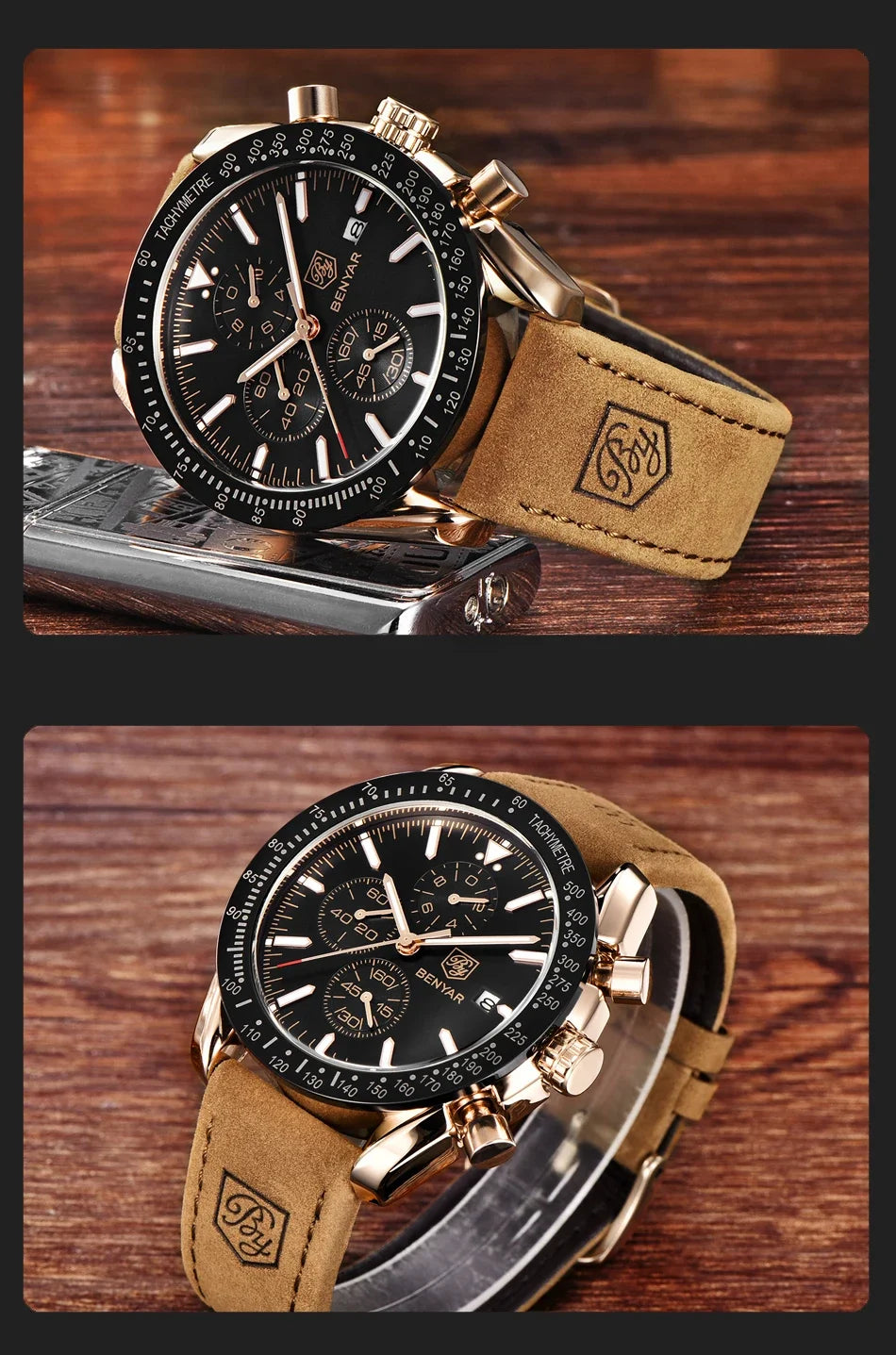 Benyar men’s chronograph watch with black dial, gold-tone steel case, tan leather strap