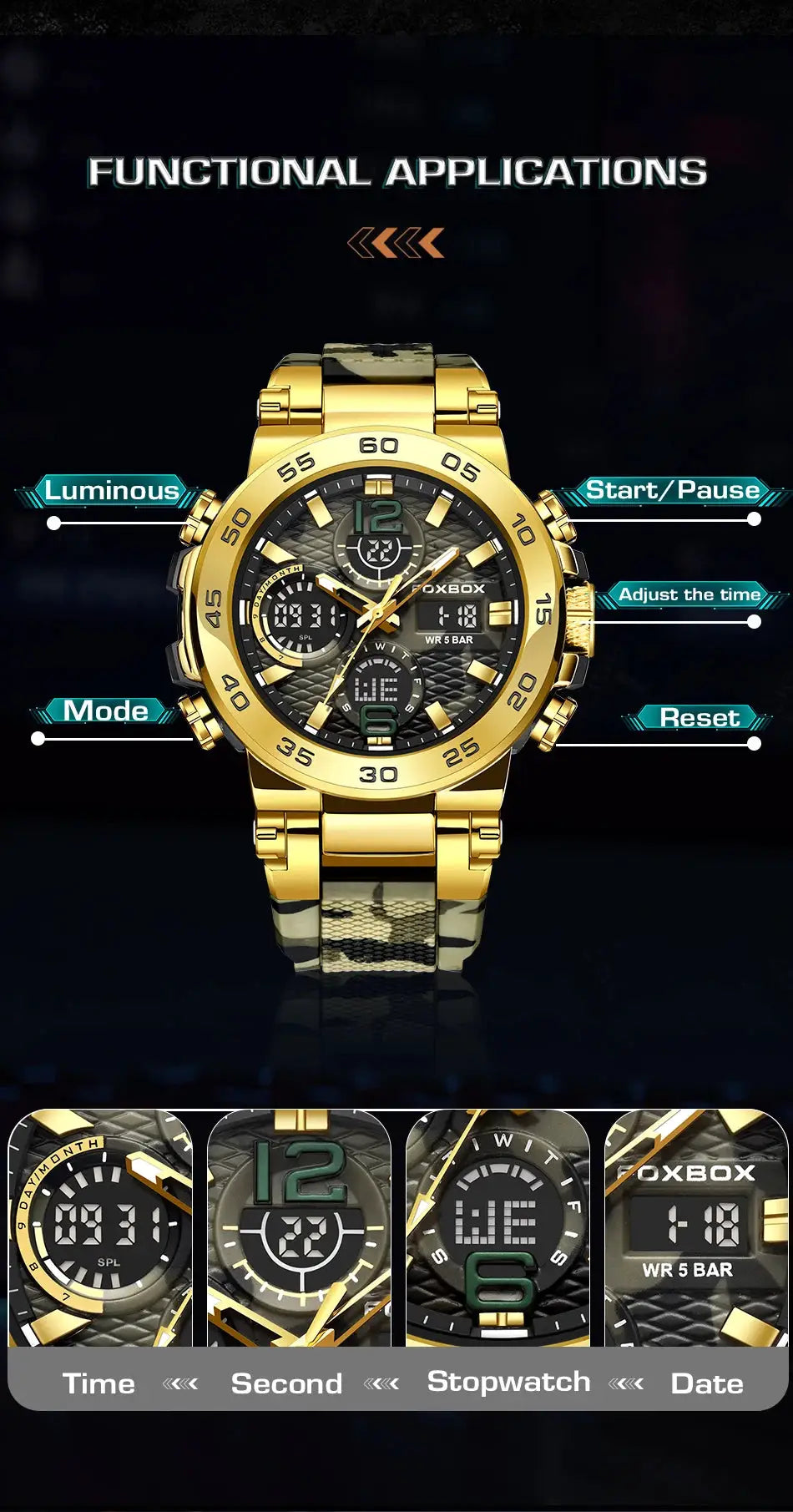 LIGE electronic men's wristwatch, gold-tone with LED display and water-resistant design