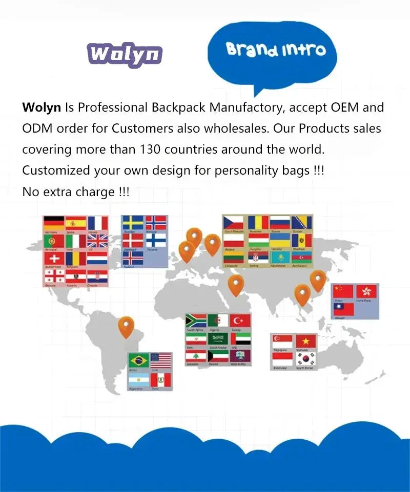 Child school backpack set with lunch bag and pencil case; Wolyn brand logo; world map with country flags.