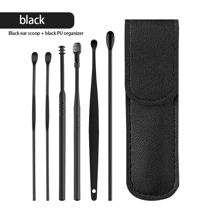 Six Piece Stainless Steel Ear Picking Tool Set With Leather Bag Ear Cleaning Spoon Kit Easy To Carry At Home