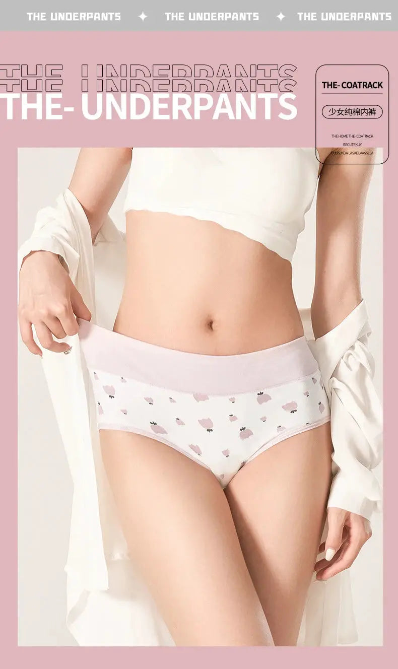 4-piece cotton women panties set; breathable high-rise briefs in white with pink waistband and small heart print