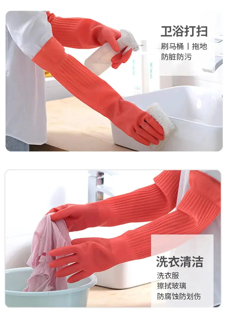 Simples Market silicone dishwashing gloves, long red rubber gloves with ribbed cuffs, for kitchen and laundry