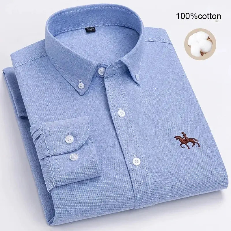 Men's light blue 100% cotton oxford shirt, long sleeve, button-down collar, soft slim fit, embroidered logo
