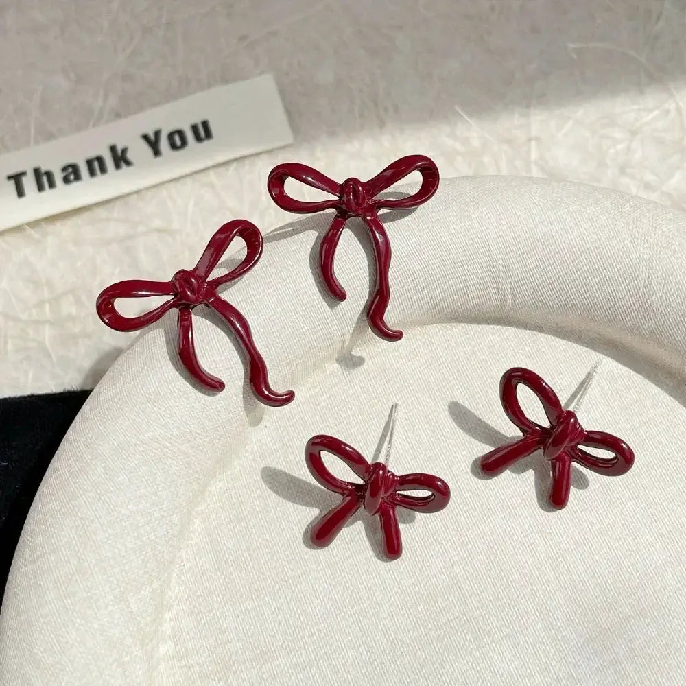 Set of four red bowknot stud earrings for women and girls, retro ballet ribbon style jewelry