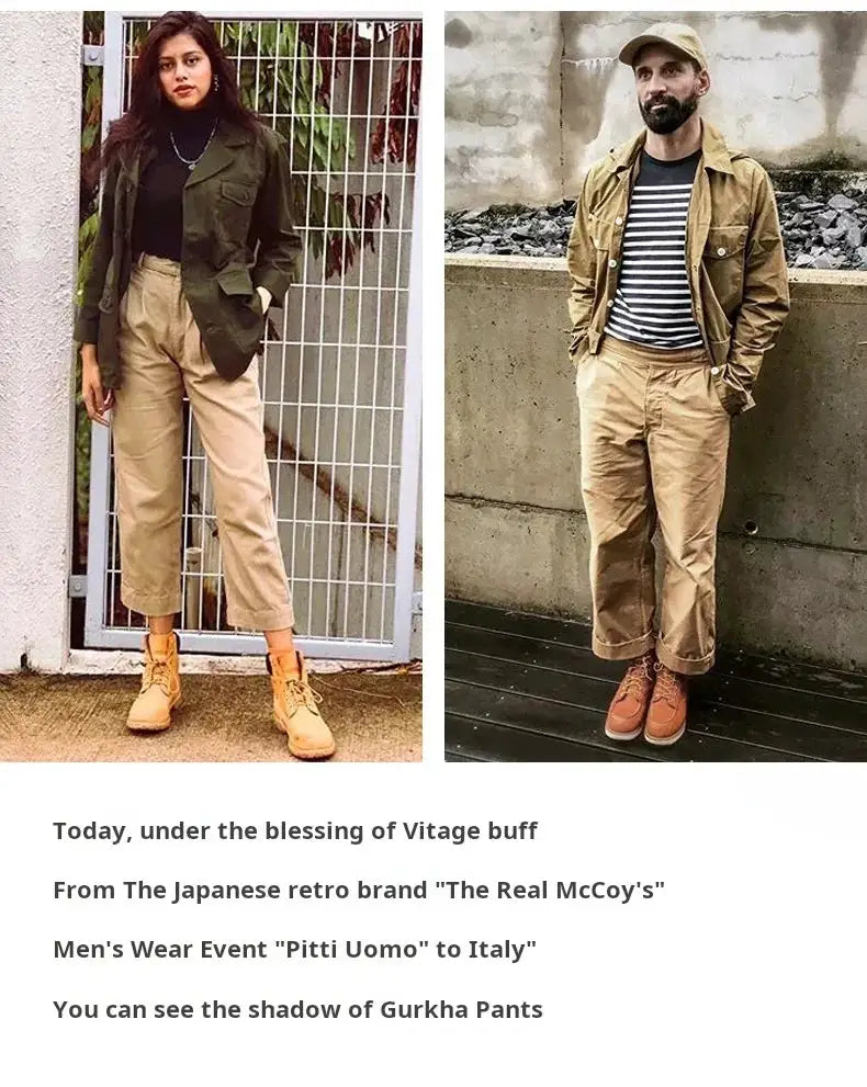 Maden Vintage Khaki Gurkha Pants; adjustable high waist, casual cargo work trousers.