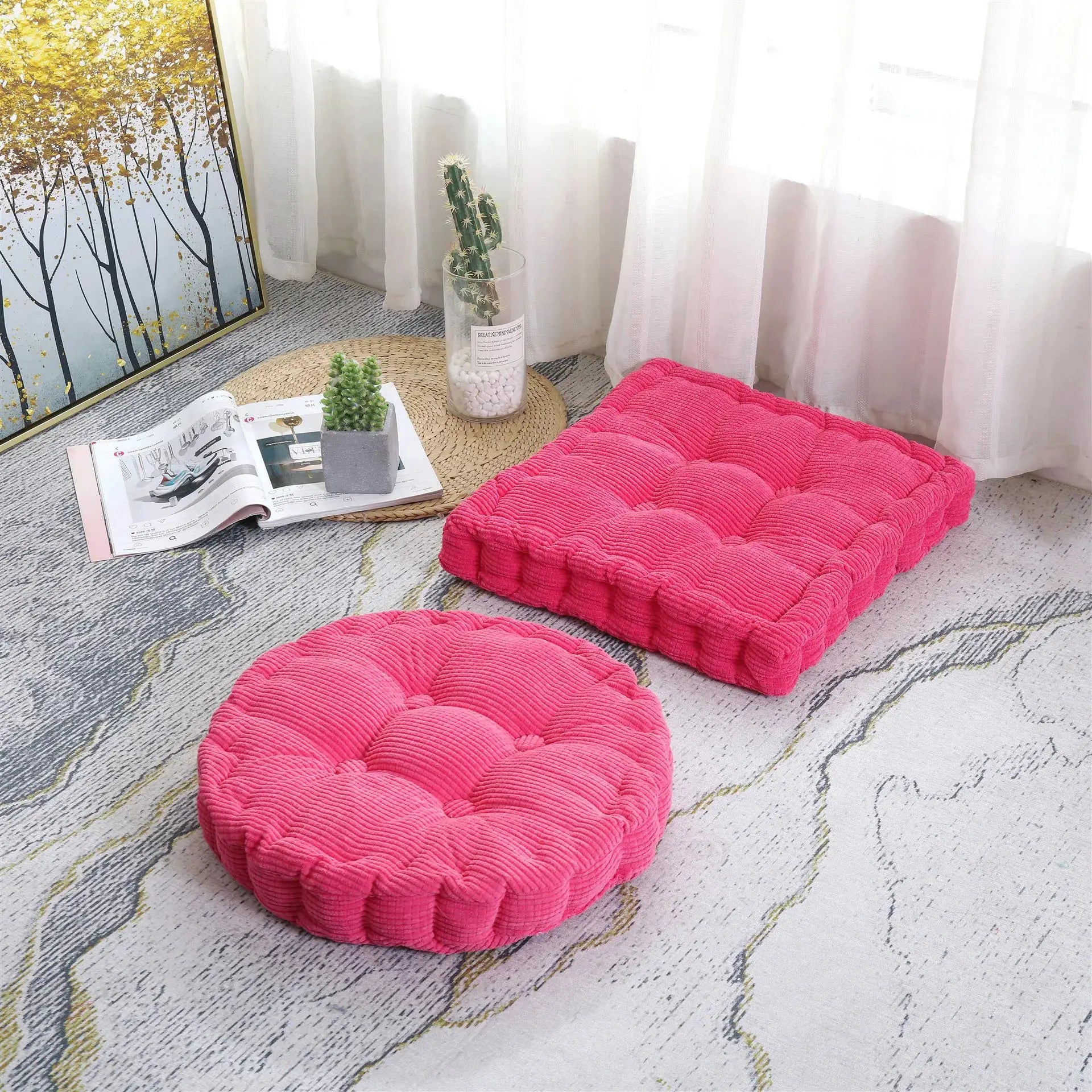 Pink tufted corduroy floor cushions, large 50x50cm, for home, office or patio seating