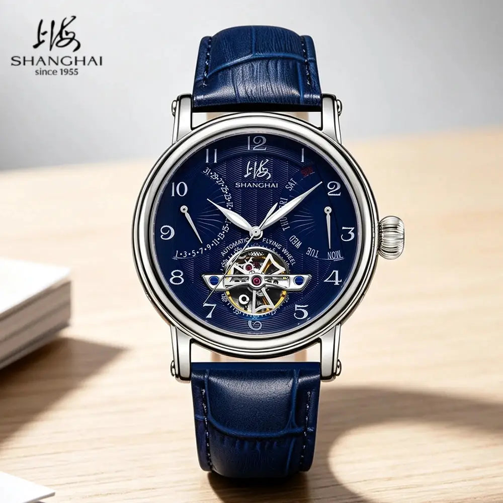 Shanghai watch 42mm automatic with blue dial, stainless steel case, blue leather strap, open balance-wheel display
