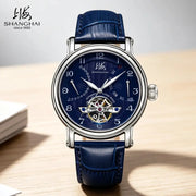 Shanghai watch 42mm automatic with blue dial, stainless steel case, blue leather strap, open balance-wheel display