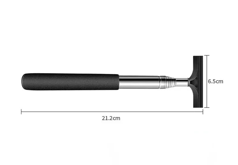 Car rearview mirror cleaning tool with telescopic silver handle and black grip, scraper head