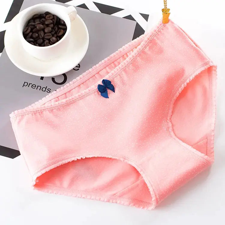 Pink seamless cotton panties with blue bow, dotted pattern, women’s lingerie brief