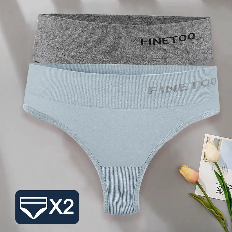FINETOO 2-pack high-waist bodyshaper G-string panties for women in blue and gray with branded waistbands.