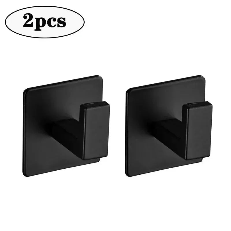 Bathroom adhesive wall hooks set, 2pcs, black with square backplates