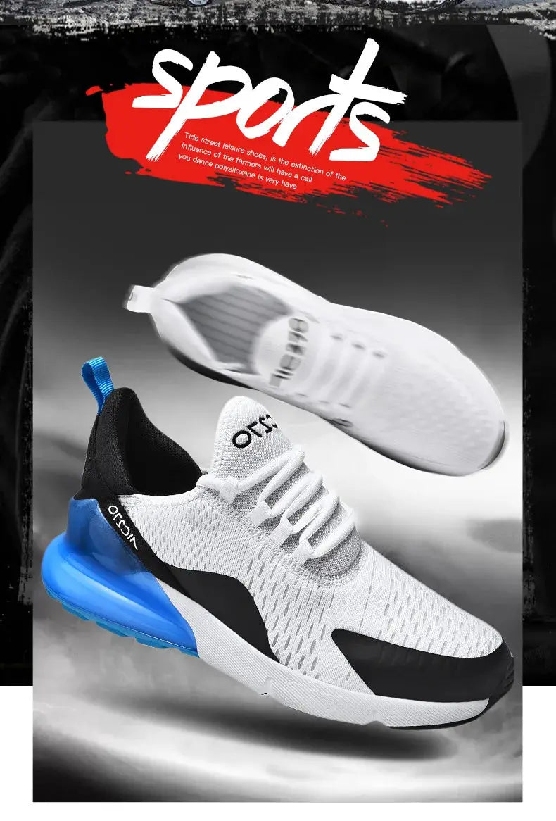 Pair of men's white mesh jogging sneakers with blue heel and sole accents, breathable casual sport shoes