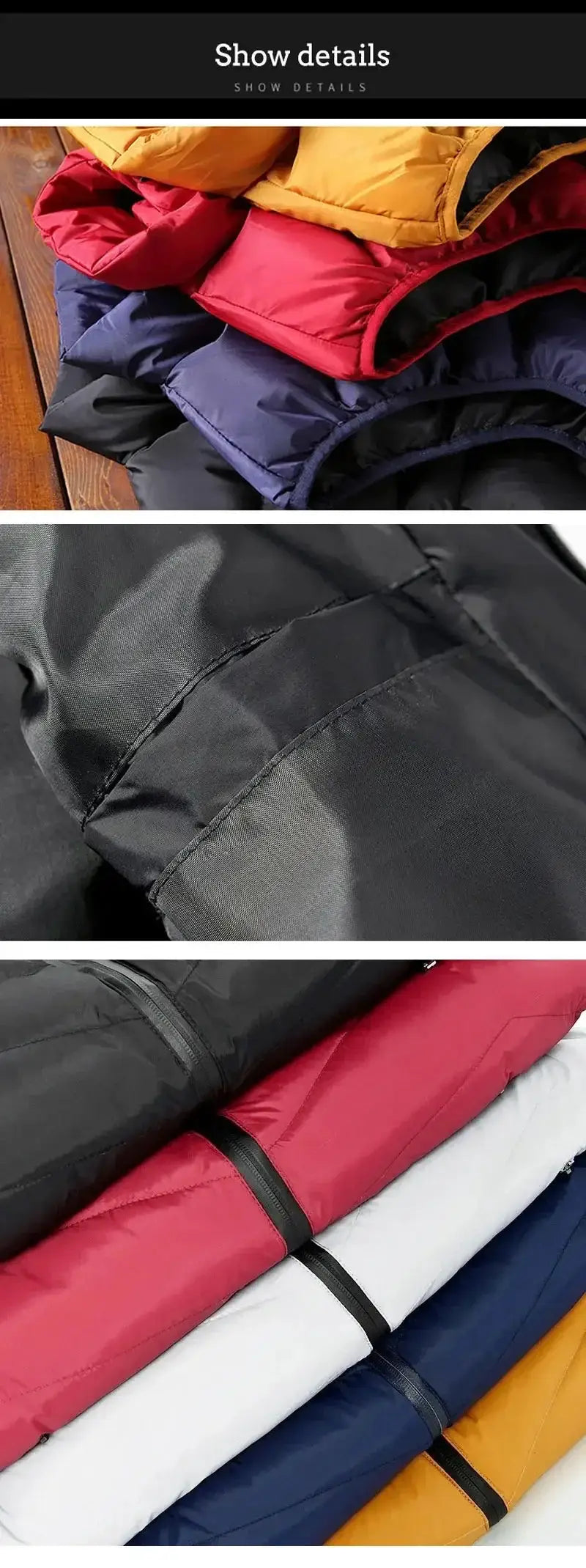 Men's sleeveless down-filled puffer coats in solid colors; stacked display in black, red, navy, gray and white.