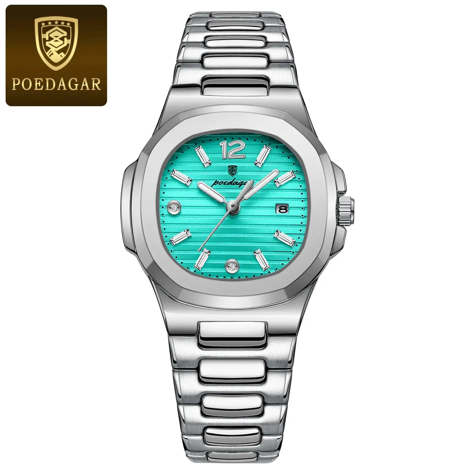 POEDAGAR women's square wristwatch with turquoise dial, stainless steel band, date window and luminous hands