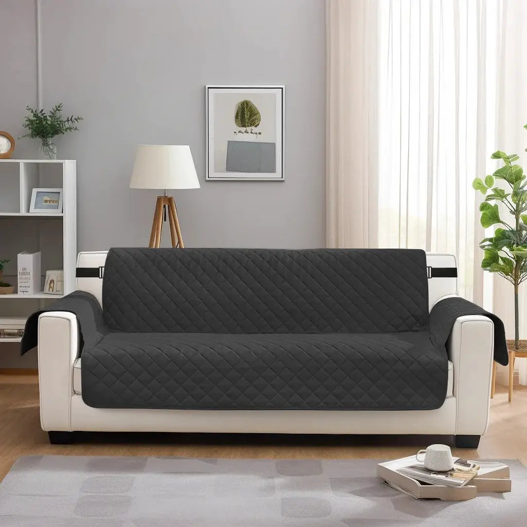 Sofa slipcover gray quilted fabric, Simples Market waterproof non-slip protector for kids and pets with elastic strap