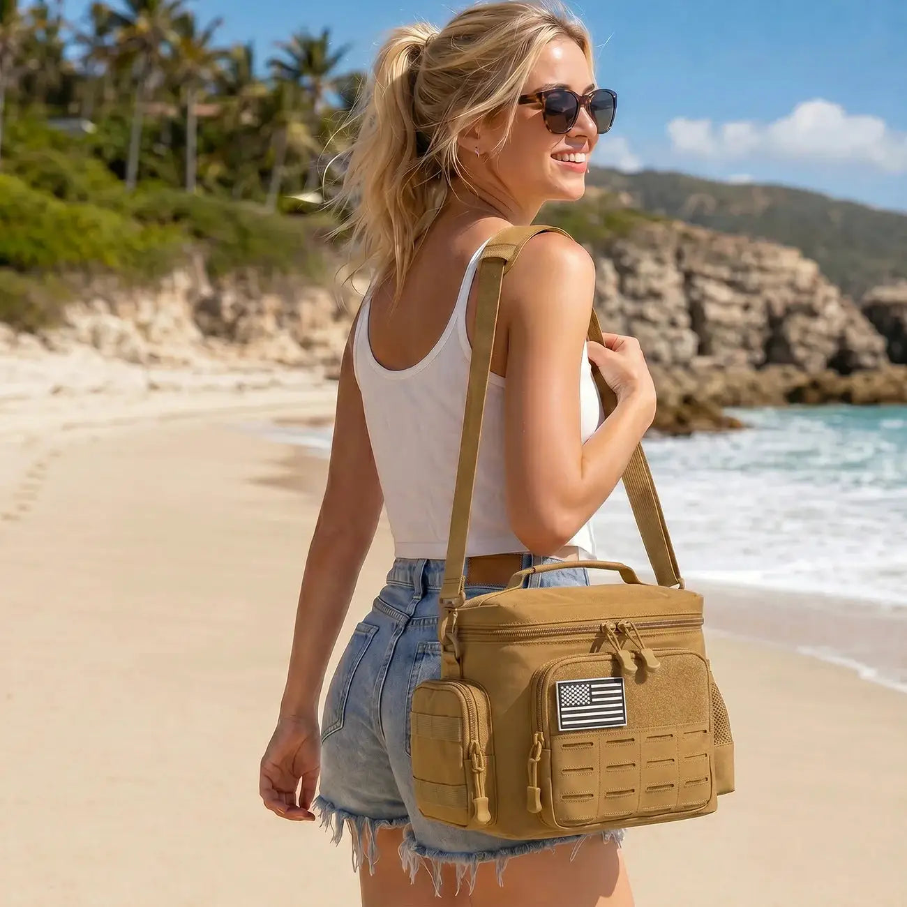 Simples Market 13L tactical lunch bag, tan with US flag patch and MOLLE pockets.