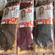 Three 22-inch Afro twist crochet braiding hair packs synthetic by Simples Market in brown, burgundy, black