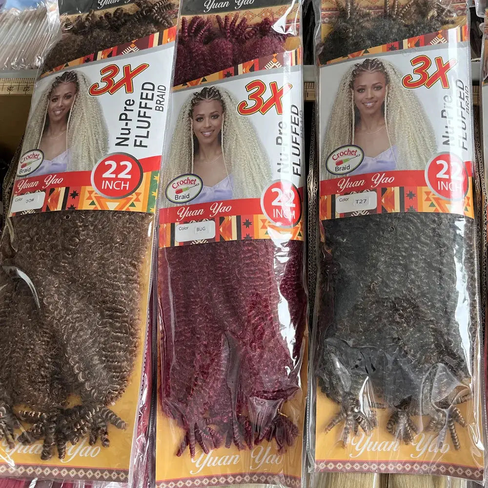 Three 22-inch Afro twist crochet braiding hair packs synthetic by Simples Market in brown, burgundy, black