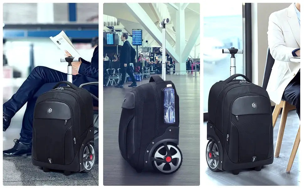 20-inch black rolling luggage backpack with wheels by Simples Market; three-angle collage showing trolley handle and wheels.