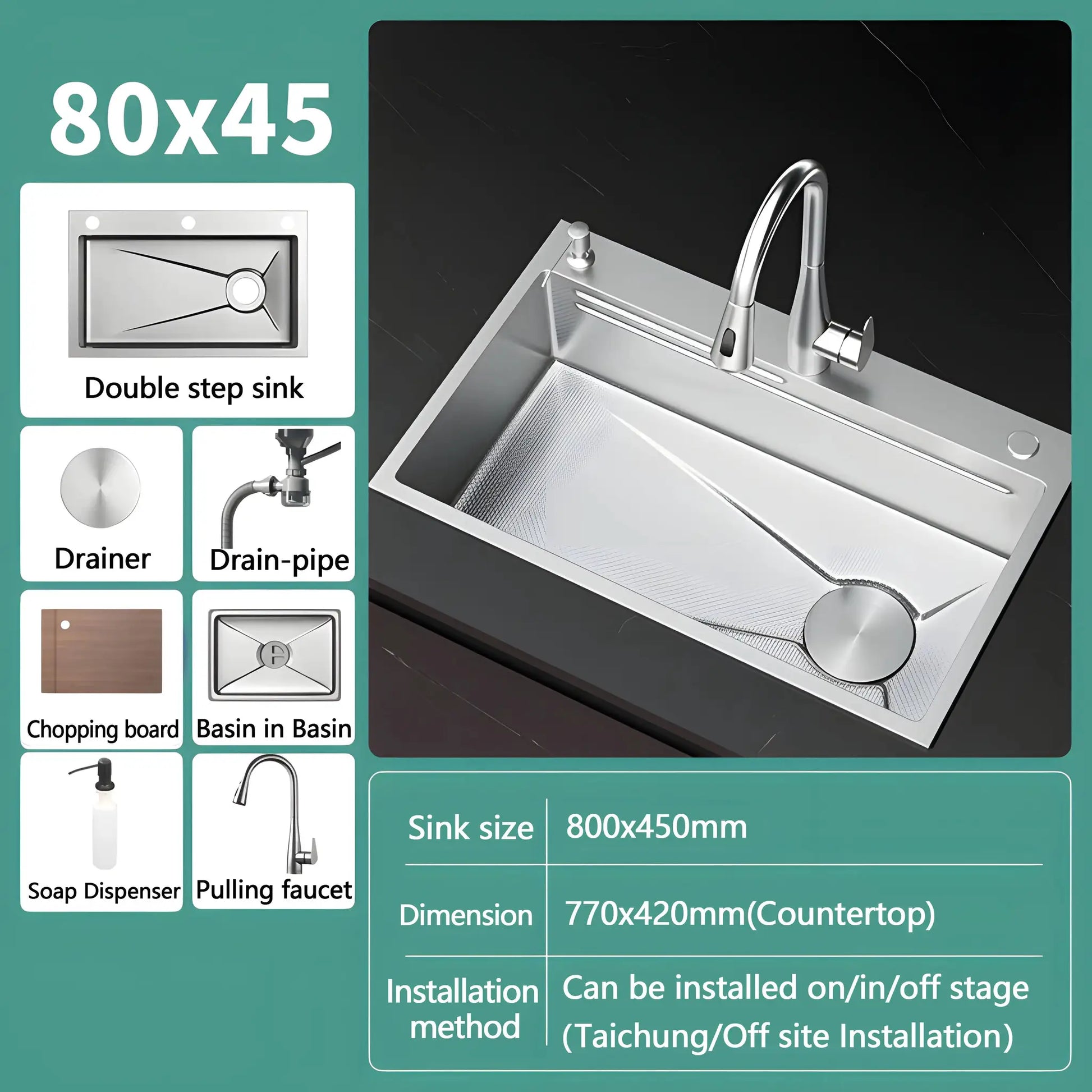 Kitchen sink by Simples Market, 304 stainless steel, silver embossed finish, large single-slot wash basin for kitchen