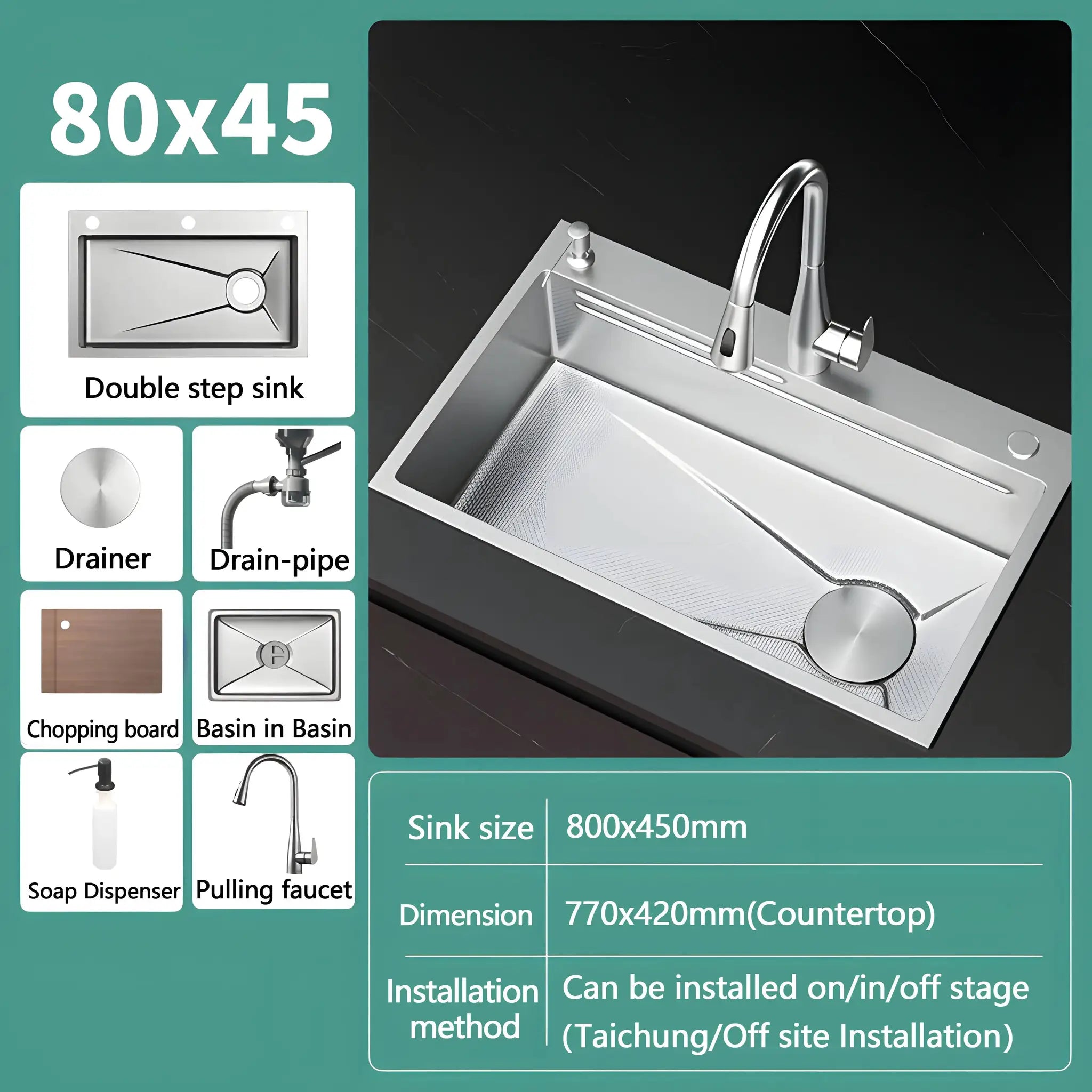 Kitchen sink by Simples Market, 304 stainless steel, silver embossed finish, large single-slot wash basin for kitchen