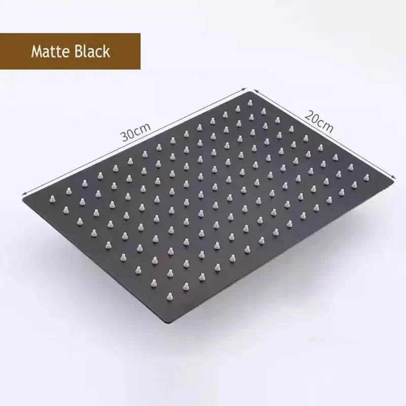 Shower head rectangular matte black rainfall design with dense nozzle grid, 30x20 cm