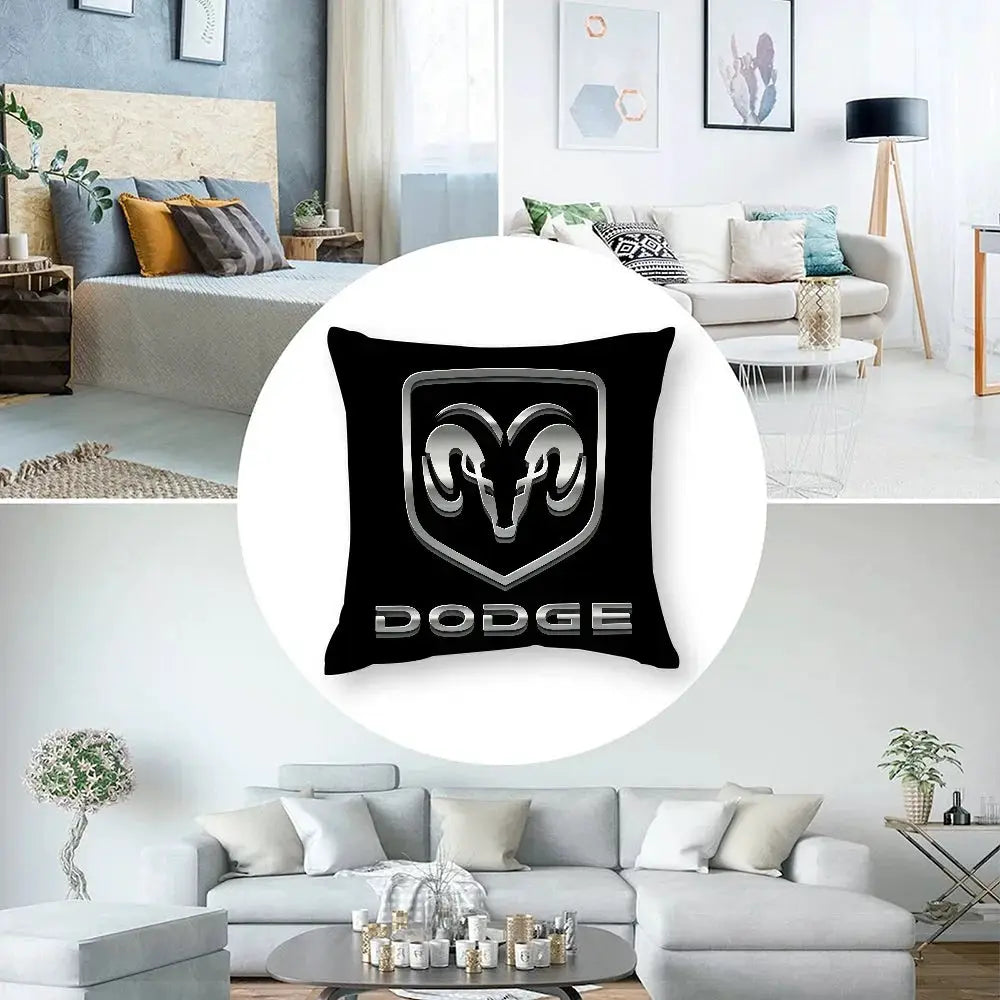 D-Dodges car logo pillow cover in black plush fabric, double-sided print with Dodge emblem for sofa cushions