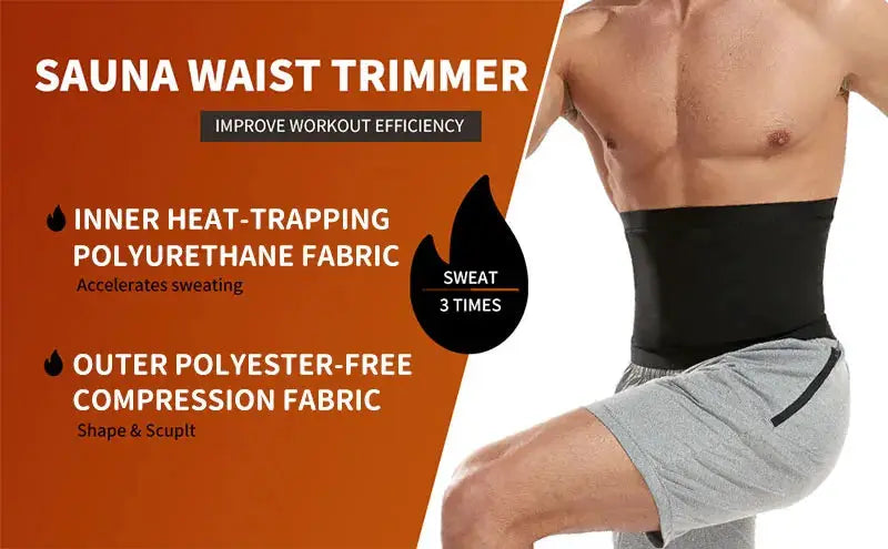 Men's sauna waist trimmer belt, black, worn on a male torso with gray shorts