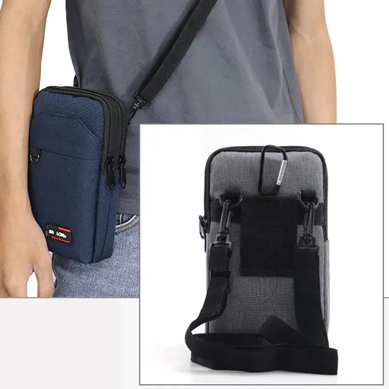 Simples Market men's navy blue waterproof waist pack with phone pouch; inset shows a grey tactical bag.