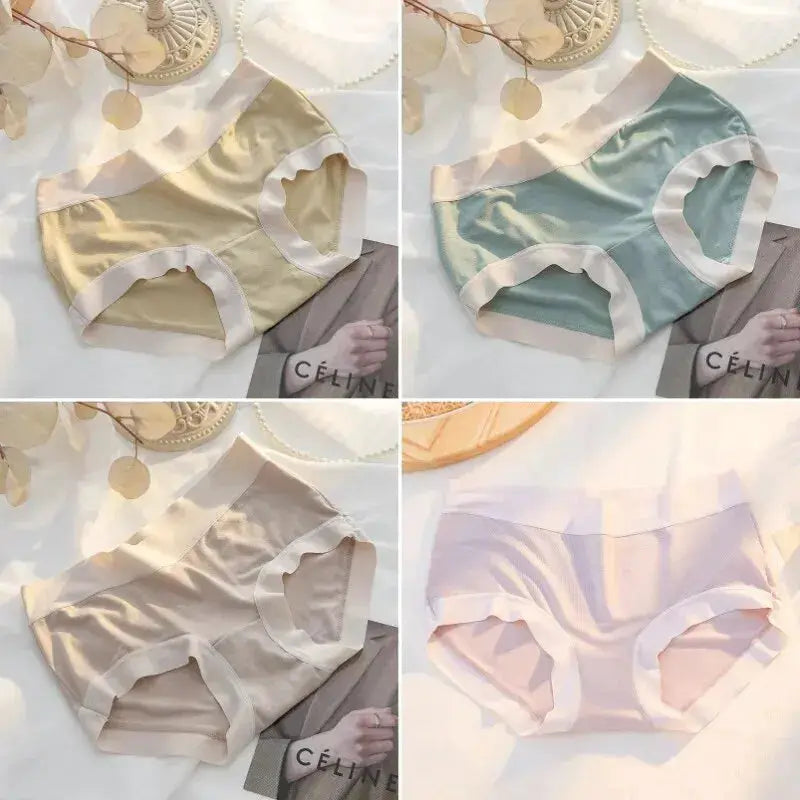 4-piece set of women's seamless modal panties in beige, sage green, taupe, and pink.
