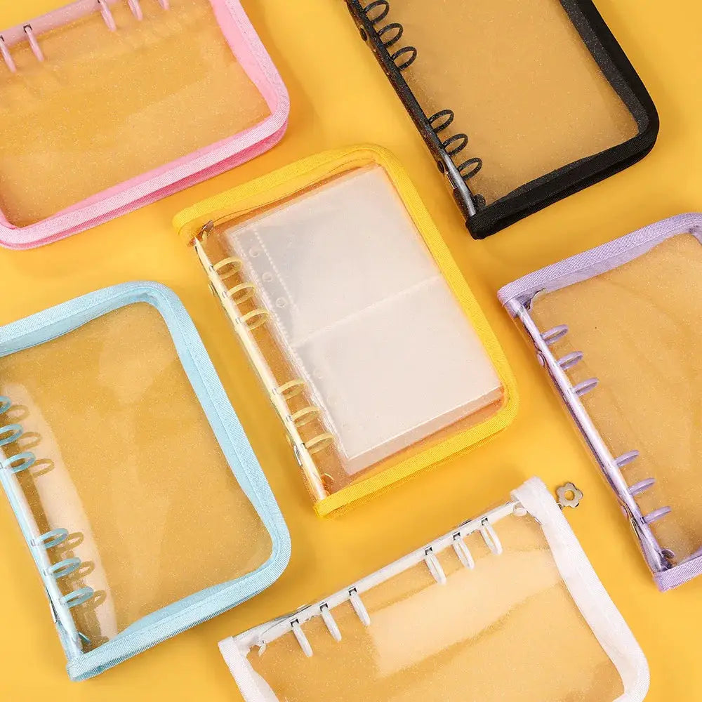 Six pastel A5 macaron binders with transparent fronts and spiral rings