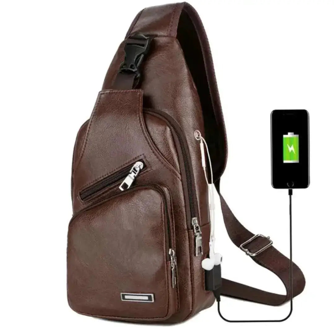 Brown PU crossbody chest bag with USB charging port