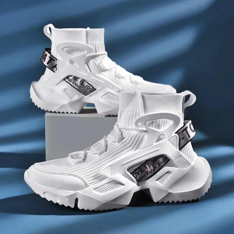 Pair of white men's high-top sneakers with breathable knit upper and chunky rubber sole