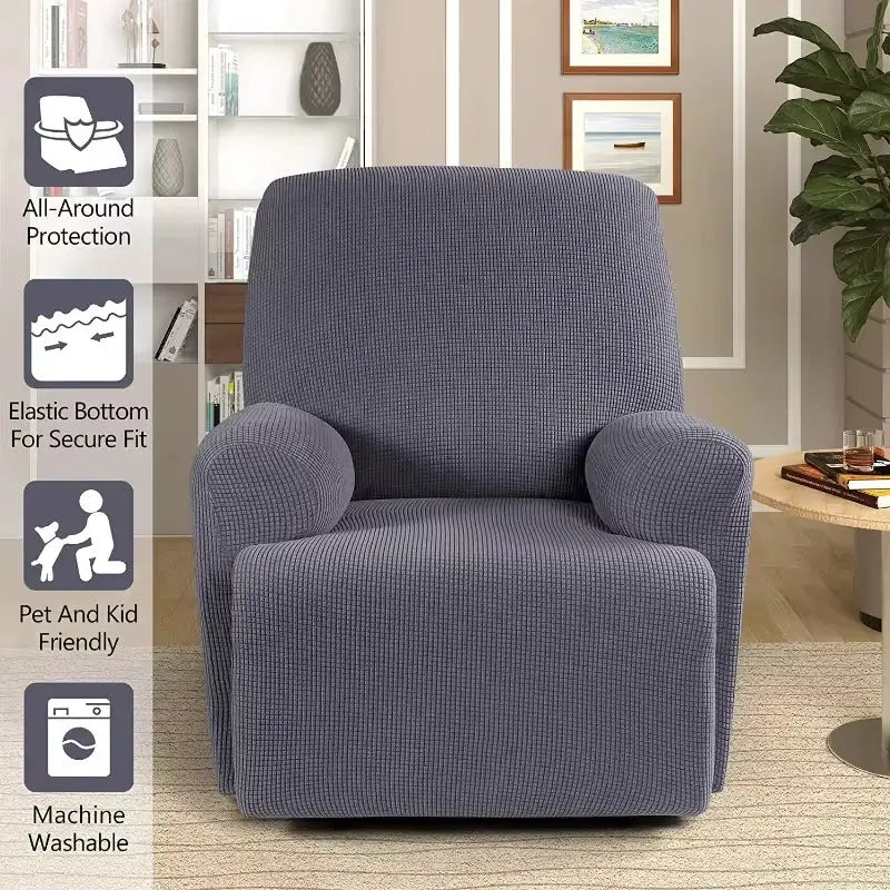 Recliner sofa cover in blue stretch spandex, non-slip 4-piece set for armchairs.