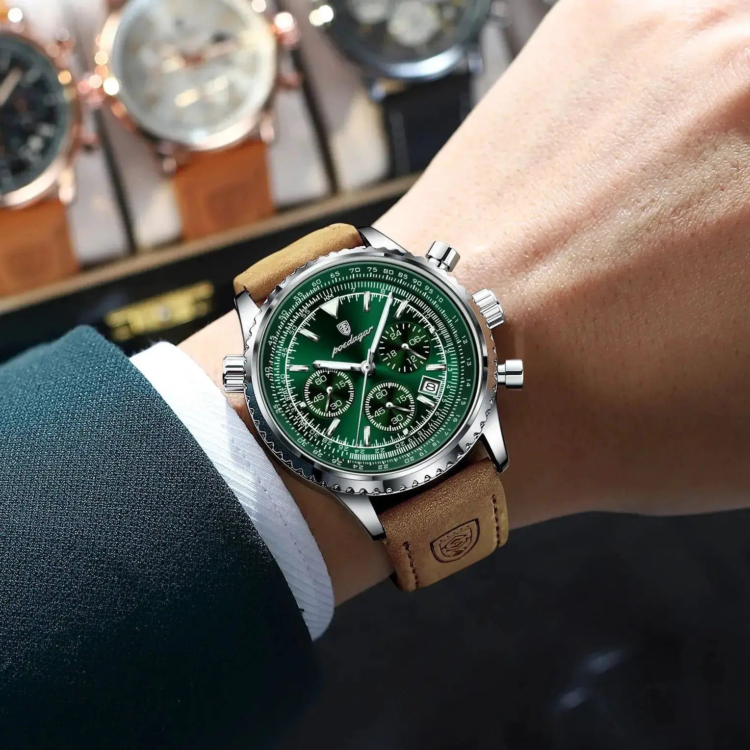 POEDAGAR men's wristwatch with green dial, silver case, chronograph subdials, tan leather strap