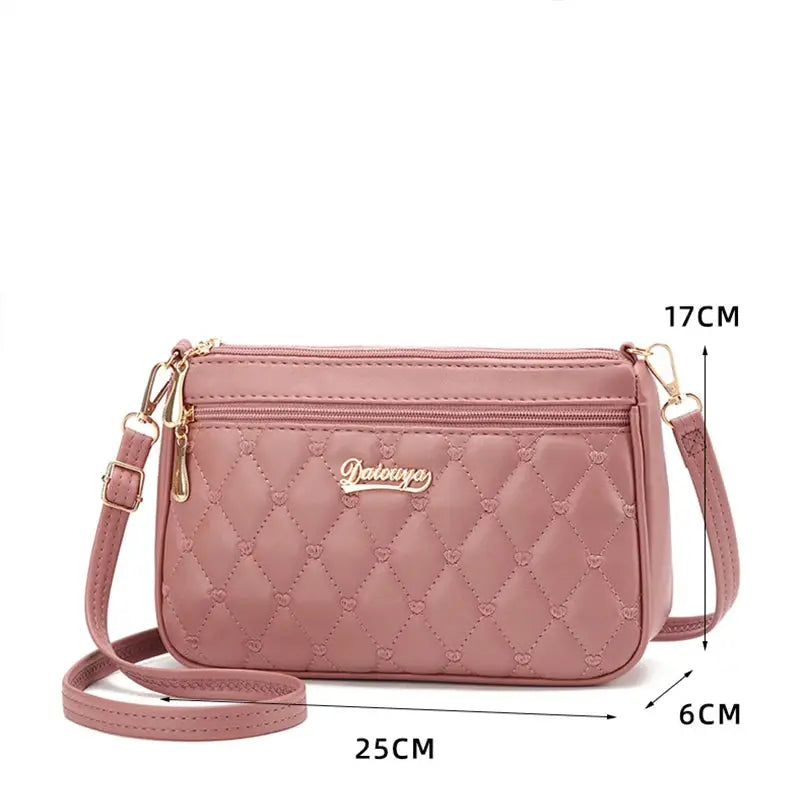 Pink quilted PU leather crossbody bag with gold logo, top zip, adjustable strap (25x17x6 cm)