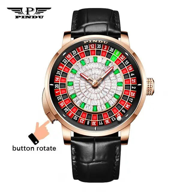 PINDU men's mechanical wristwatch with rose-gold-tone case, black leather strap, roulette-style dial