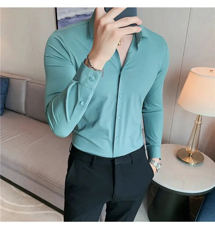 Men's teal long-sleeve slim-fit dress shirt, high-elasticity seamless, plus size 4XL