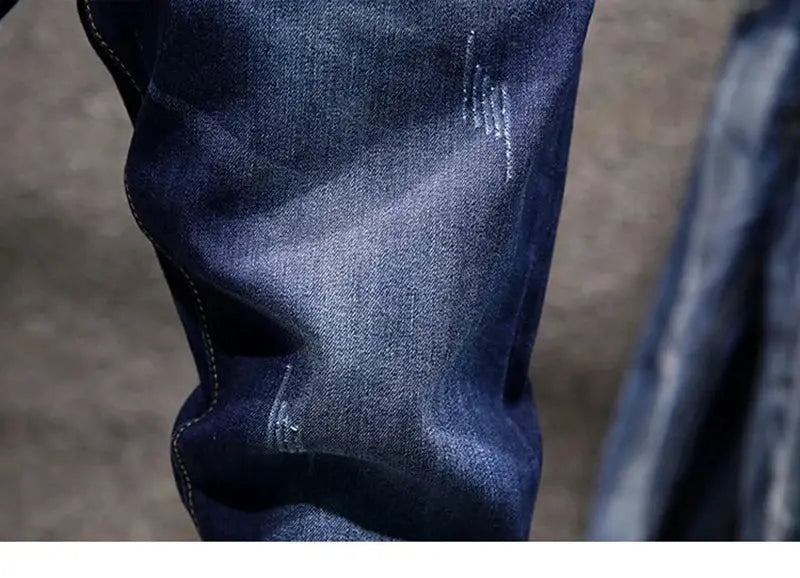 American Elastic Straight Jeans for men, blue distressed cotton denim with ripped details