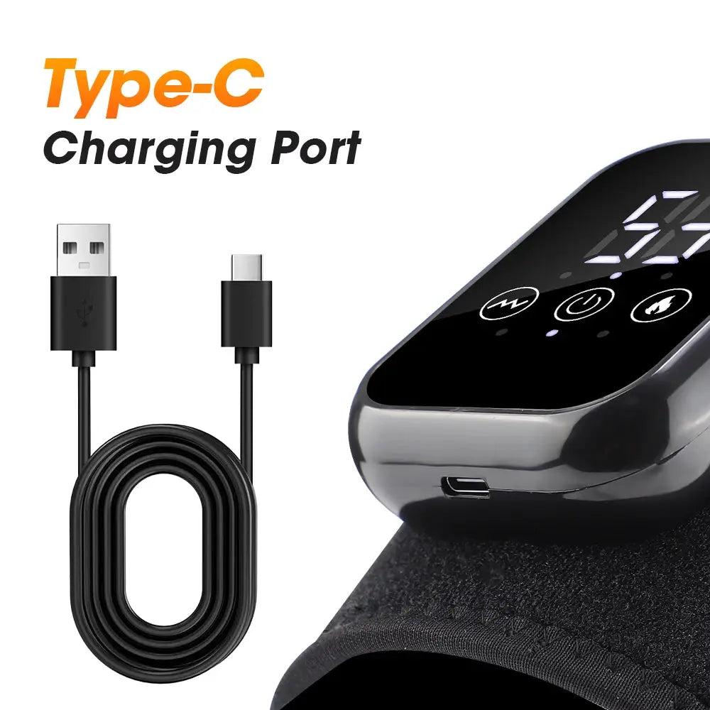Simples Market electric heated knee massage pad with black control unit and USB-C charging cable