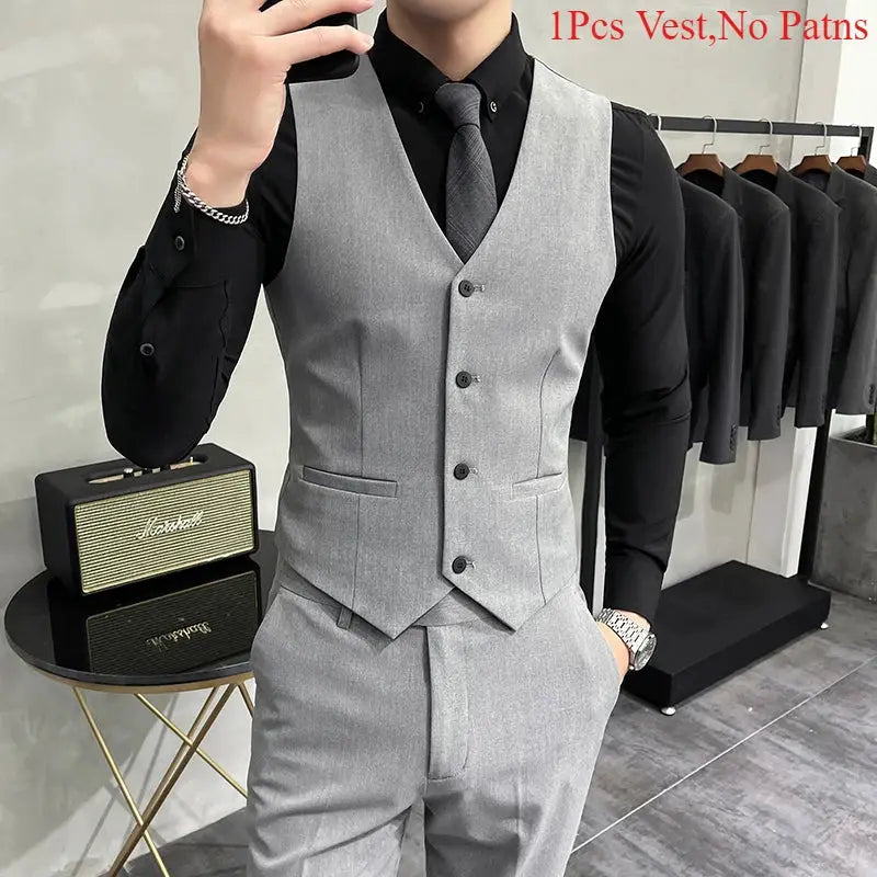 Men's light gray waistcoat vest with five-button front over black dress shirt and tie